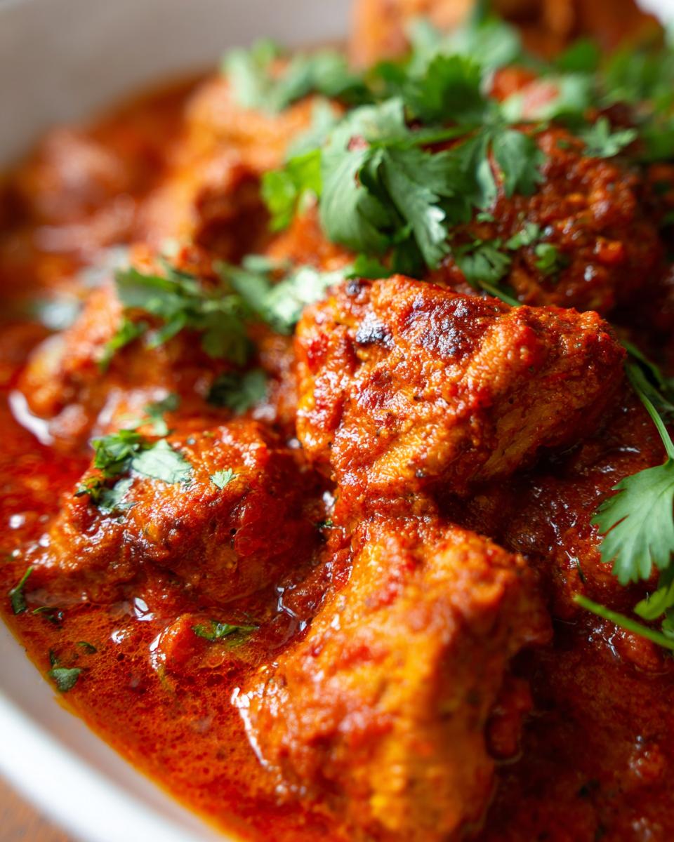 Close-up of tender chicken pieces in a rich, creamy, and vibrant orange butter chicken sauce, garnished with fresh cilantro.