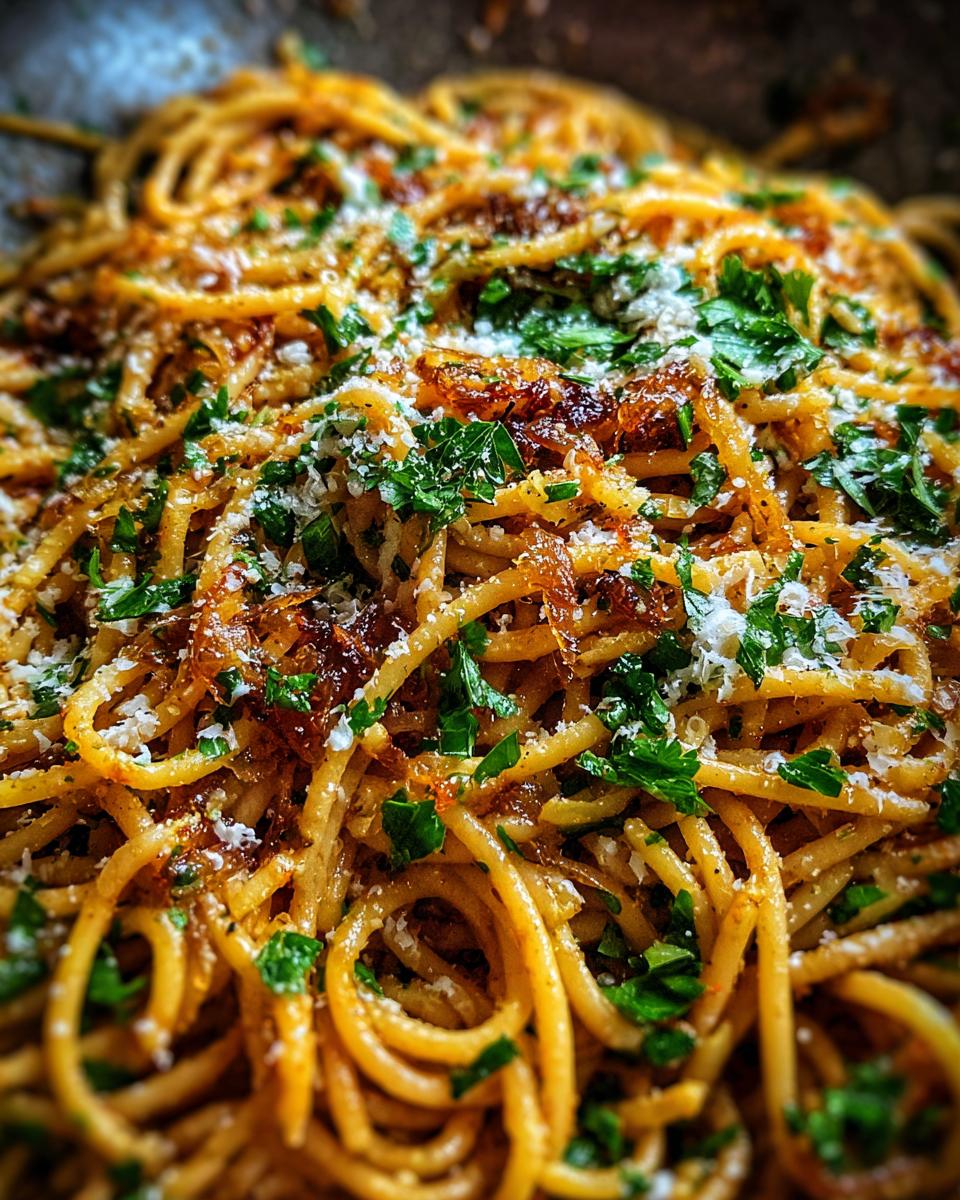 Close-up of Irresistible Caramelized Onion Pasta, topped with fresh parsley and grated cheese.