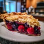 A slice of irresistible cherry blueberry pie with a flaky crust and juicy fruit filling.
