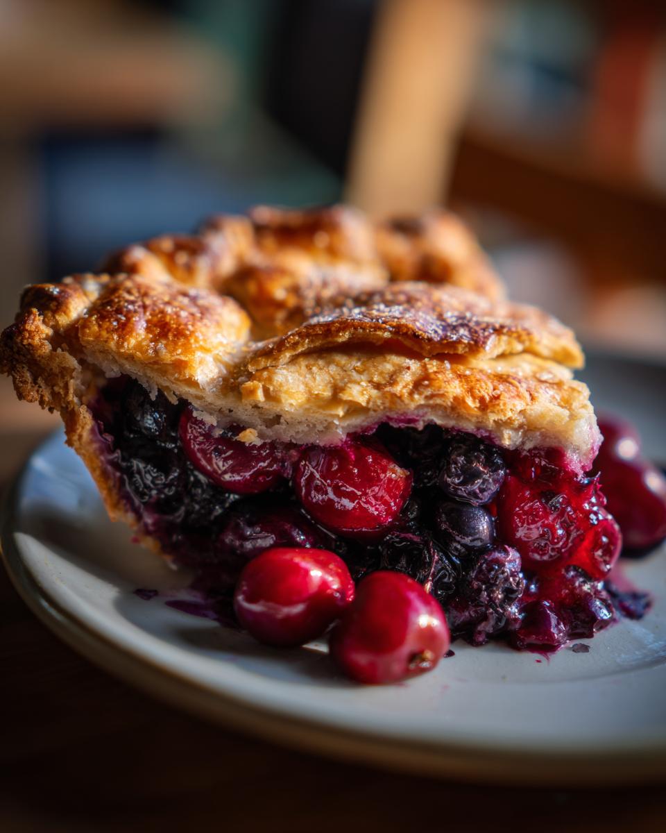 A close-up of a slice of Irresistible Cherry Blueberry Pie Recipe, showcasing juicy cherries and blueberries with a flaky crust.