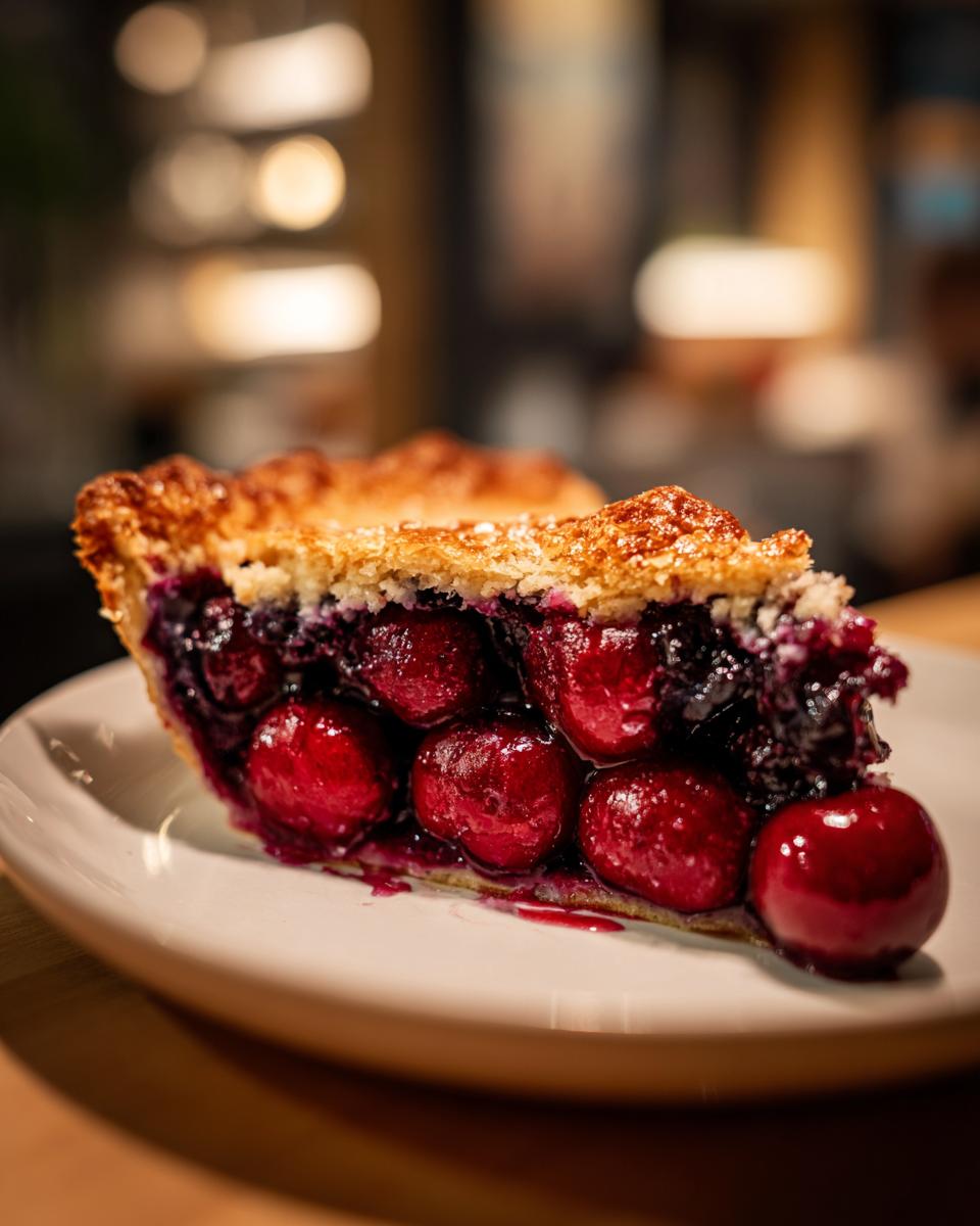 A close-up shot of a slice of Irresistible Cherry Blueberry Pie, showcasing whole cherries and blueberries in a flaky crust.