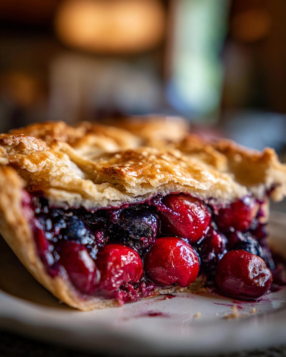 A close-up of a slice of Irresistible Cherry Blueberry Pie Recipe, showcasing whole cherries and blueberries in a flaky crust.