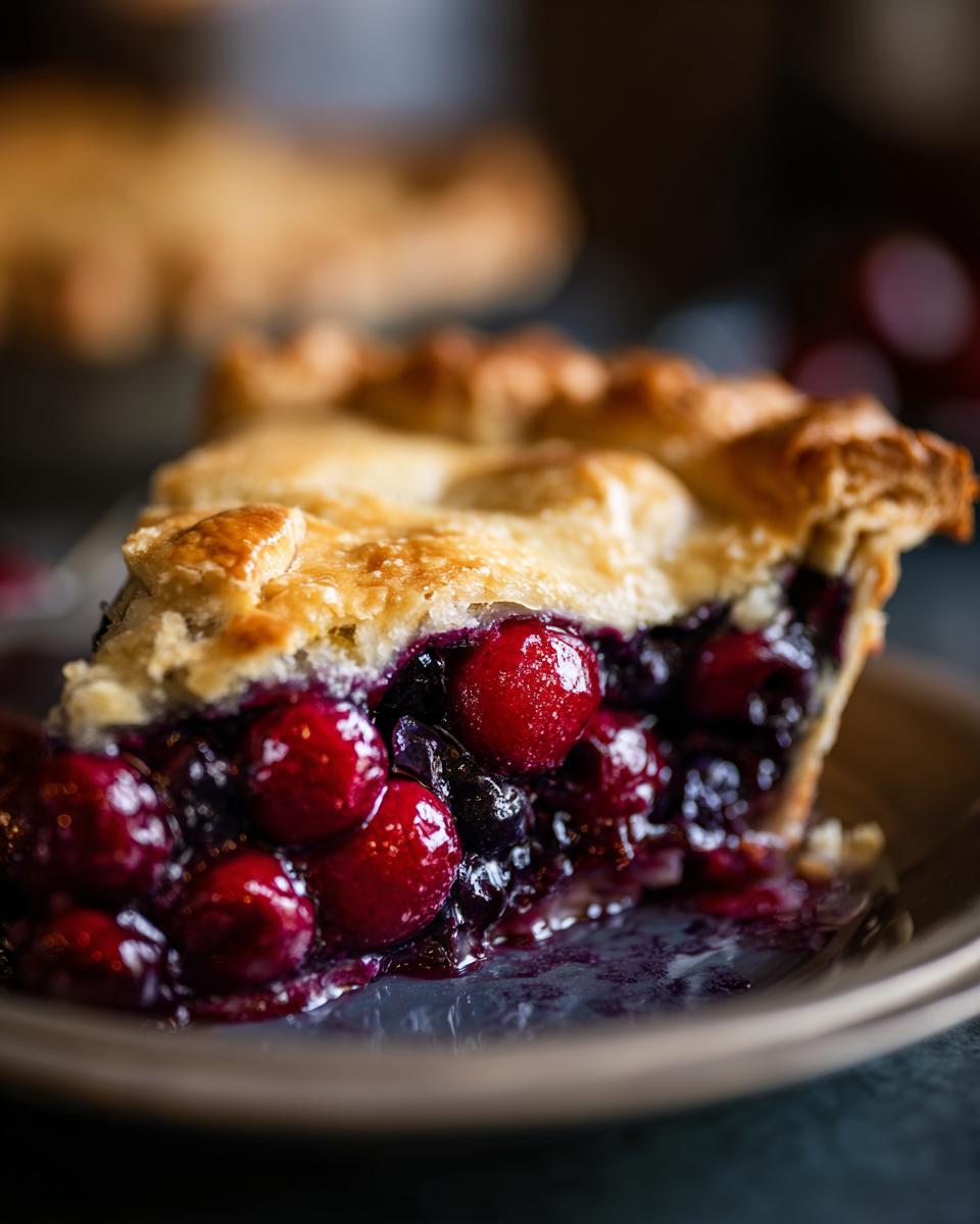 A close-up of a slice of Irresistible Cherry Blueberry Pie, showcasing juicy cherries and blueberries with a golden crust.