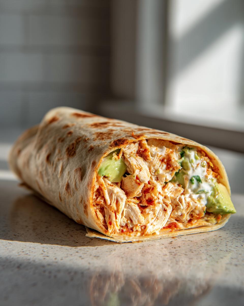 Close-up of an Irresistible Chicken Avocado Ranch Burrito filled with shredded chicken, avocado, and creamy ranch.