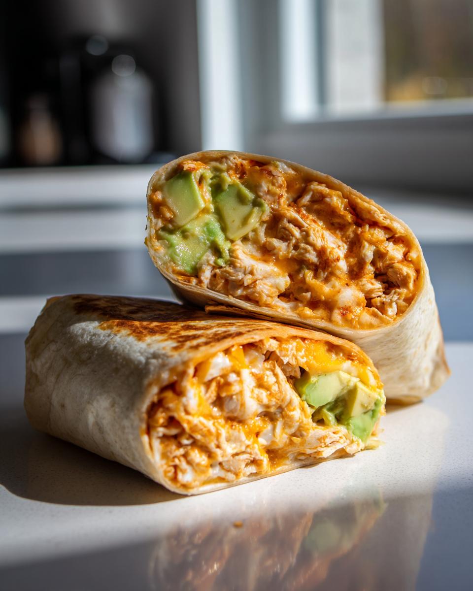 Close-up of an Irresistible Chicken Avocado Ranch Burrito cut in half, showing shredded chicken, avocado, and cheese.