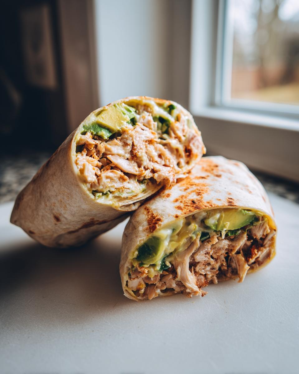 A close-up of an Irresistible Chicken Avocado Ranch Burrito cut in half, revealing shredded chicken and avocado.