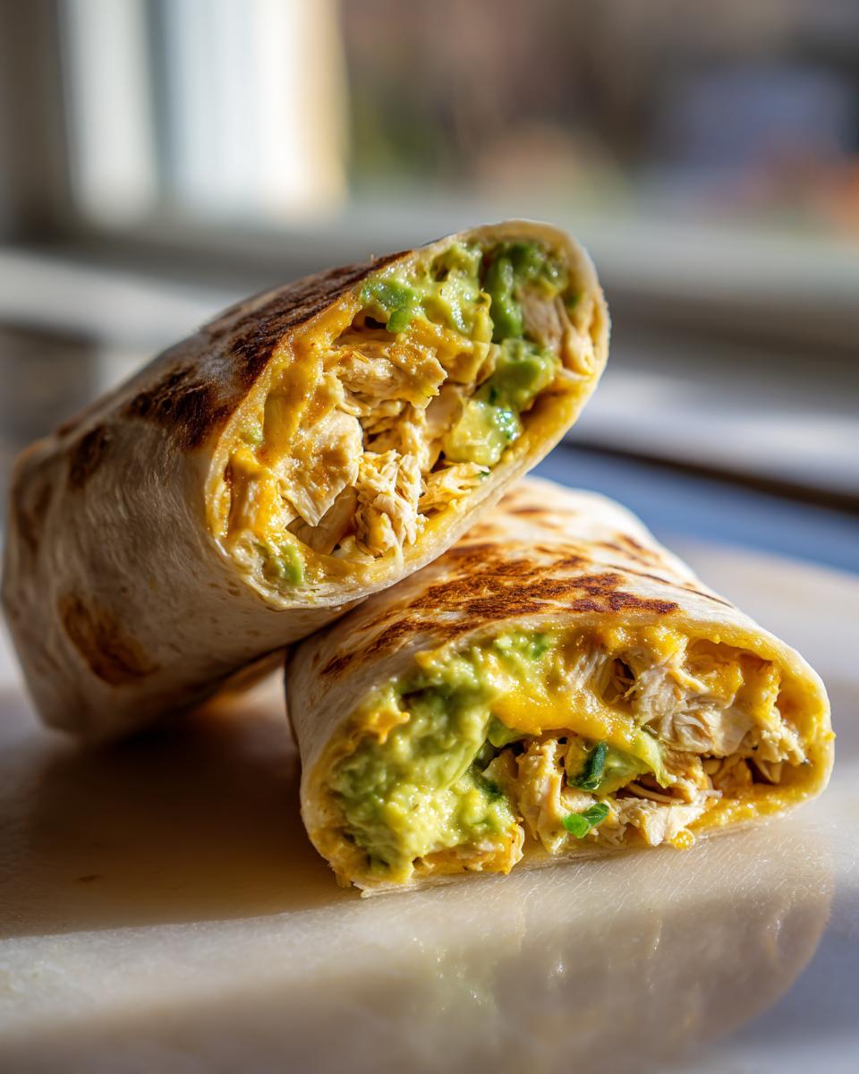 Close-up of a halved Irresistible Chicken Avocado Ranch Burrito, showing shredded chicken, avocado, and melted cheese.