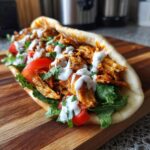 Close-up of an irresistible chicken doner kebab stuffed with seasoned chicken, fresh lettuce, tomatoes, and drizzled with sauce.