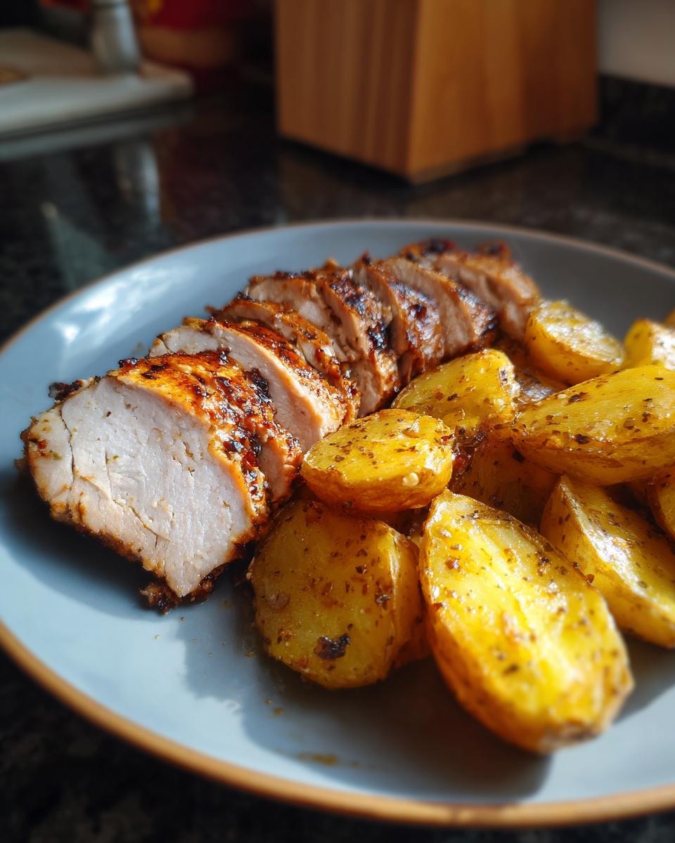 A close-up of sliced Irresistible Chicken Doner Kebab served with golden roasted potatoes seasoned with herbs.