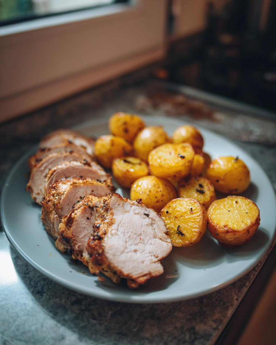 Close-up of sliced chicken doner kebab served with roasted potatoes on a plate.