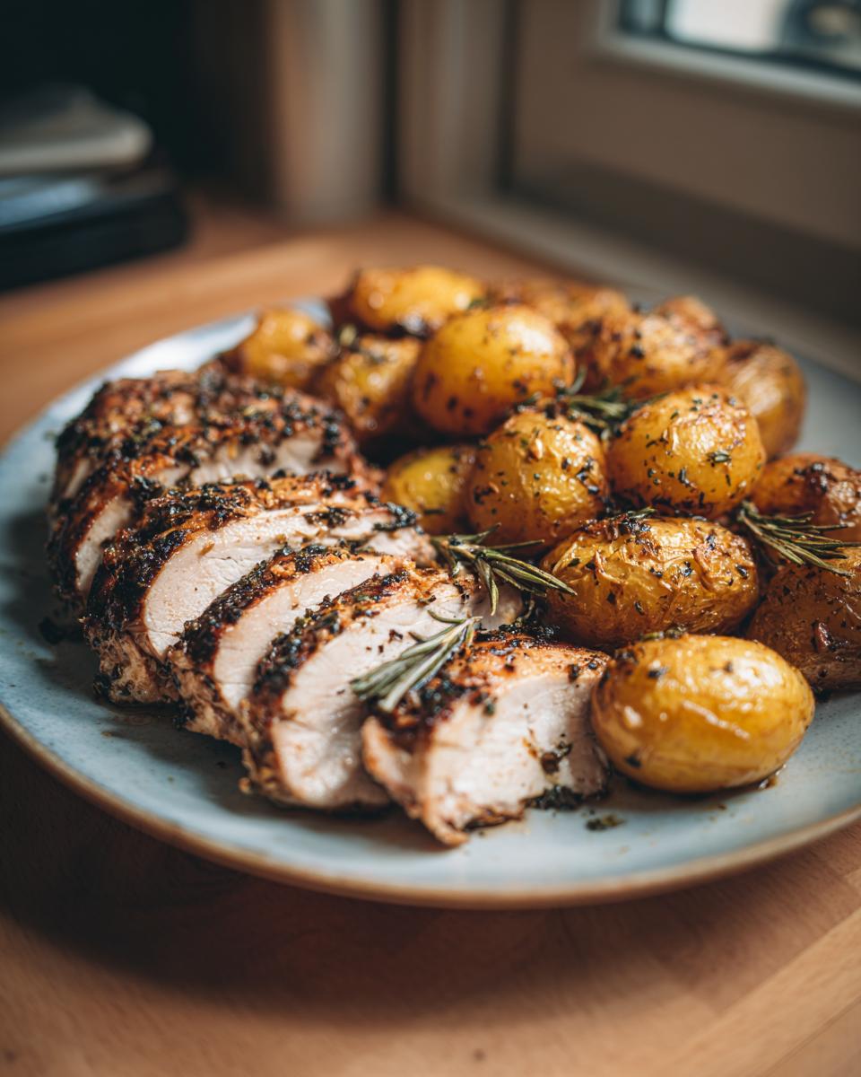 Sliced irresistible chicken doner kebab and roasted potatoes seasoned with herbs on a plate.