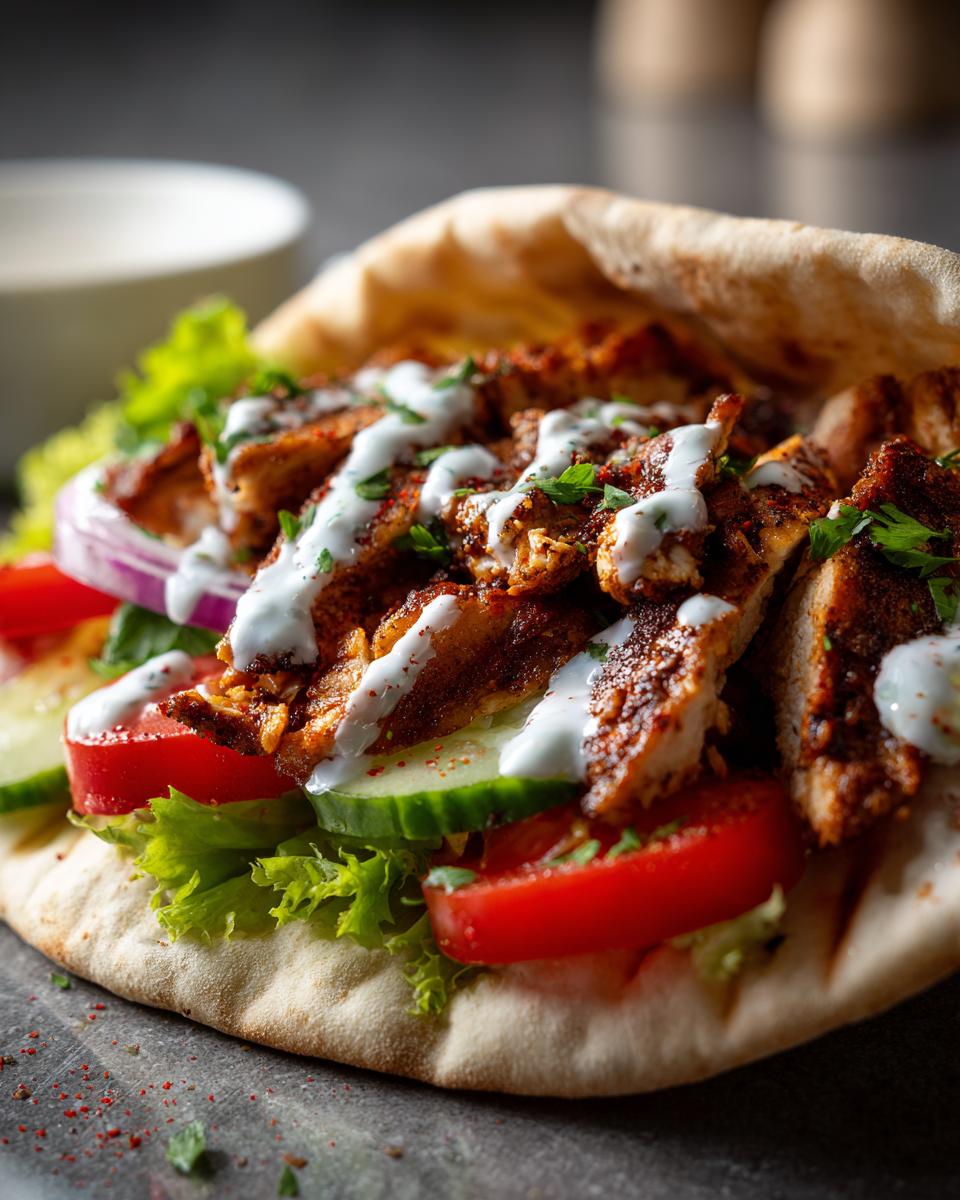 Close-up of an Irresistible Chicken Doner Kebab stuffed with seasoned chicken, lettuce, tomato, cucumber, and red onion, drizzled with sauce.