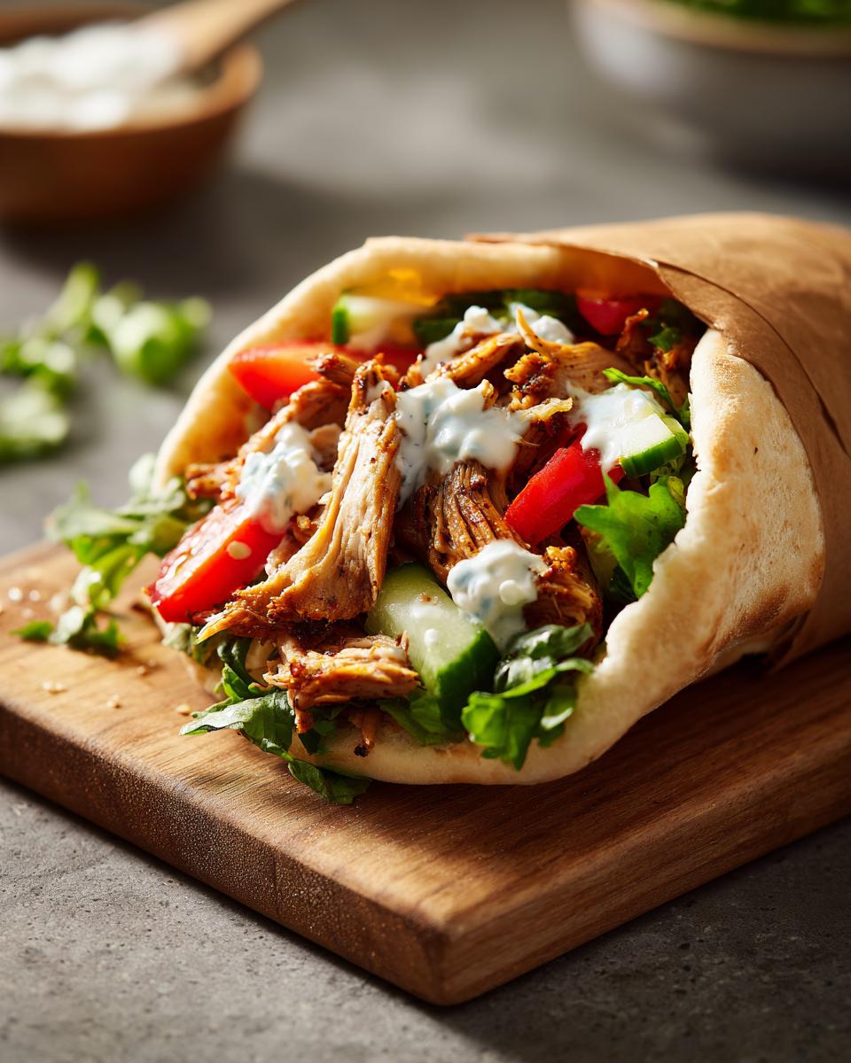 A close-up of an Irresistible Chicken Doner Kebab stuffed into a pita with fresh vegetables and sauce.