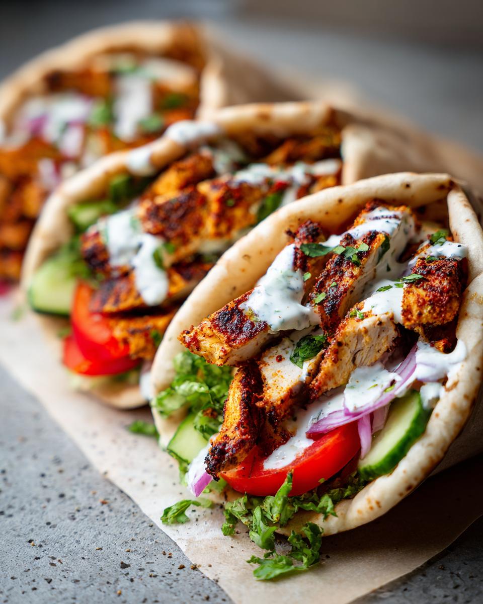 Close-up of an Irresistible Chicken Doner Kebab Recipe, filled with grilled chicken, lettuce, tomato, cucumber, and onion, drizzled with sauce.