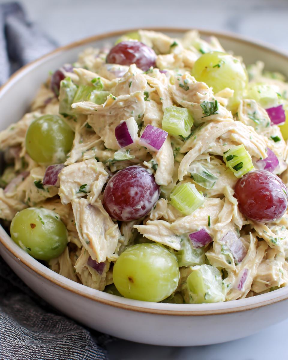 Close-up of irresistible chicken salad recipe with grapes, celery, and red onion in a bowl.