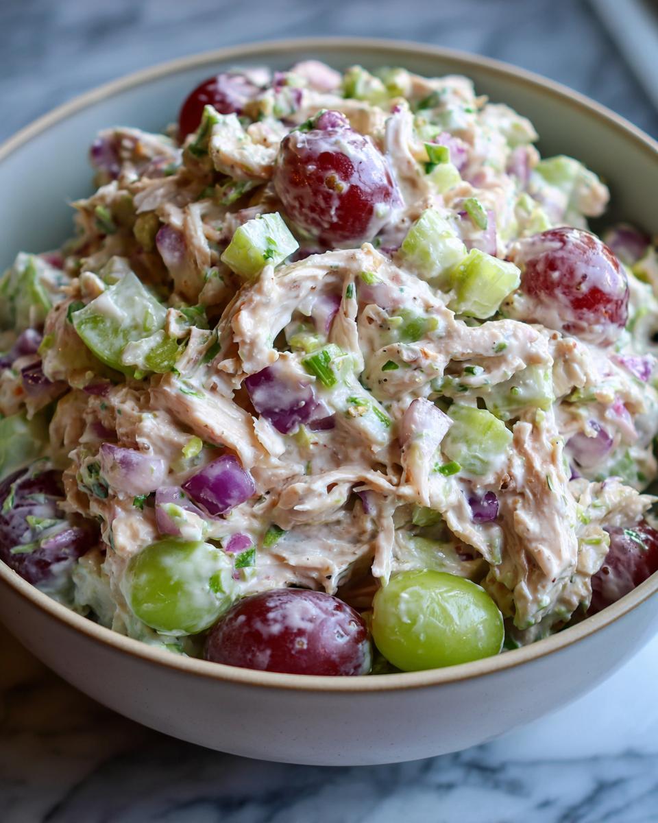 A bowl of irresistible chicken salad recipe with grapes, celery, and red onion, tossed in a creamy dressing.