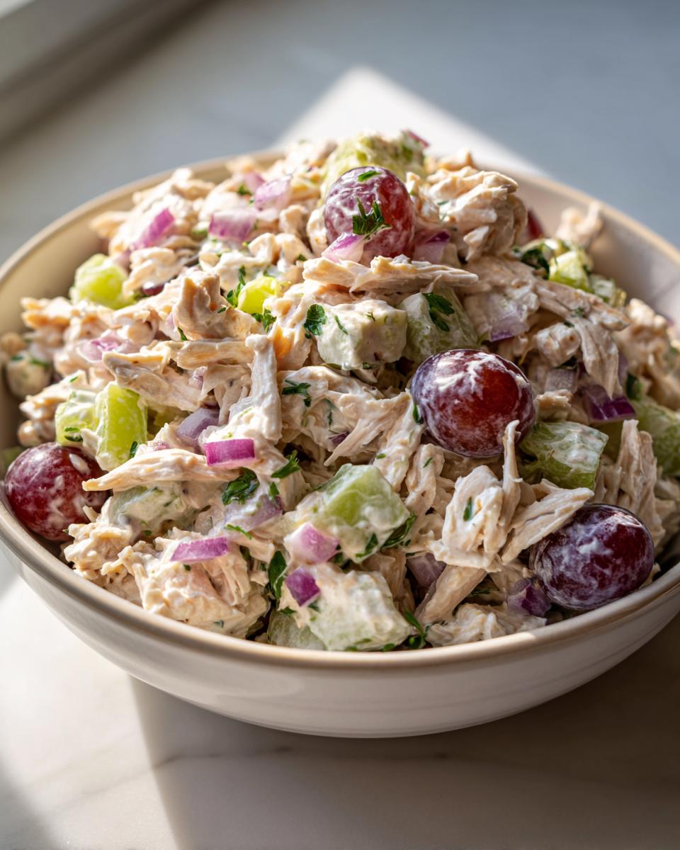 A close-up of a bowl filled with Irresistible Chicken Salad Recipe With Grapes, featuring shredded chicken, red grapes, celery, and red onion.