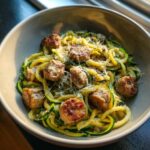 A close-up of a bowl filled with Irresistible Chicken Sausages With Zucchini Pasta, topped with grated cheese.