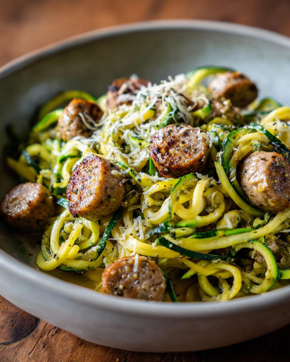 A close-up of Irresistible Chicken Sausages With Zucchini Pasta, featuring grilled sausages and spiralized zucchini noodles topped with grated cheese.