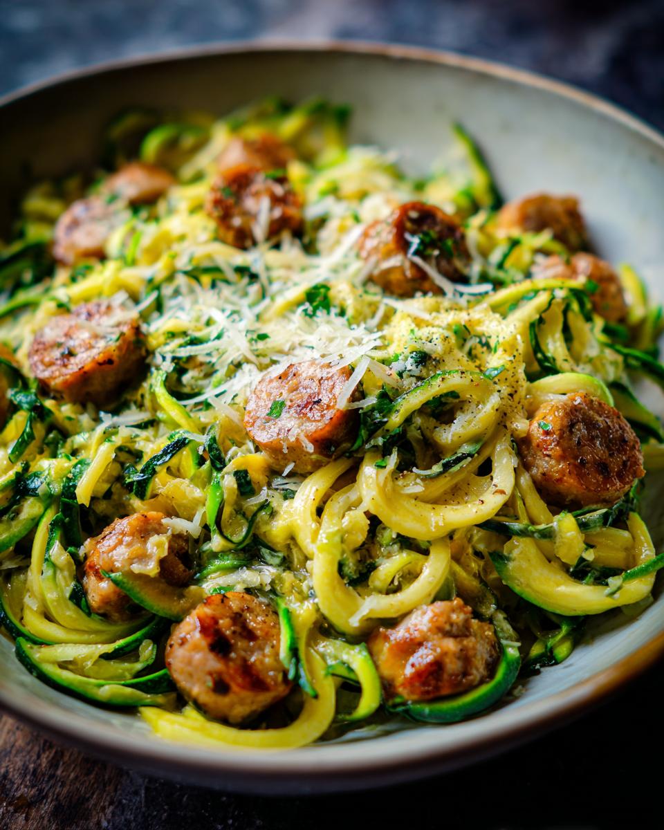 Close-up of Irresistible Chicken Sausages With Zucchini Pasta, topped with shredded Parmesan cheese and parsley.