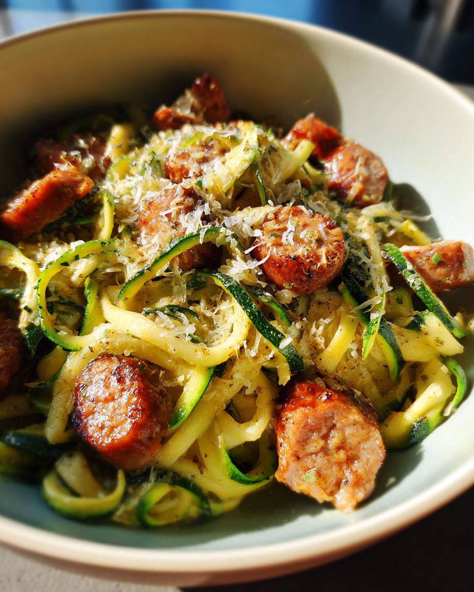 A close-up of a bowl filled with Irresistible Chicken Sausages With Zucchini Pasta, topped with grated cheese.