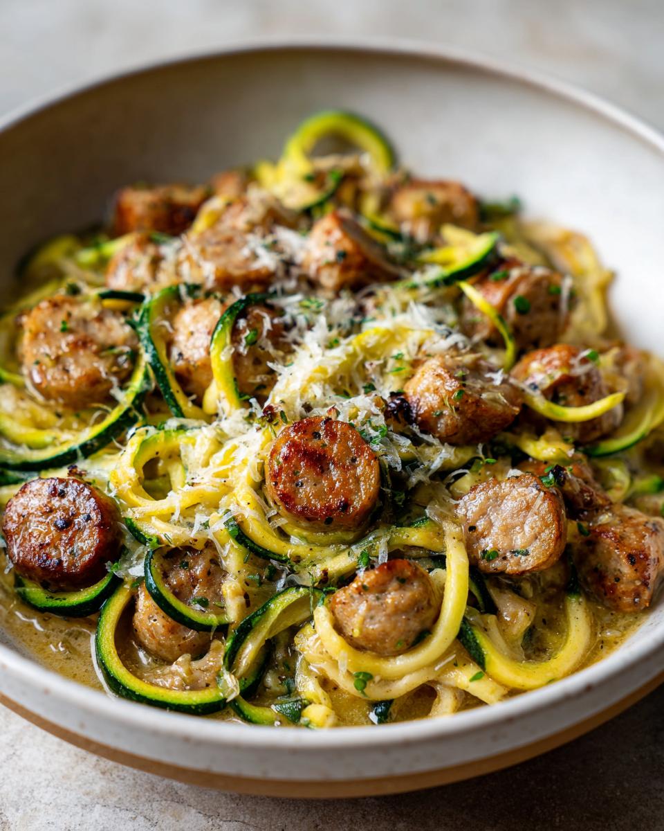 Close-up of a bowl filled with Irresistible Chicken Sausages With Zucchini Pasta, topped with grated cheese and herbs.