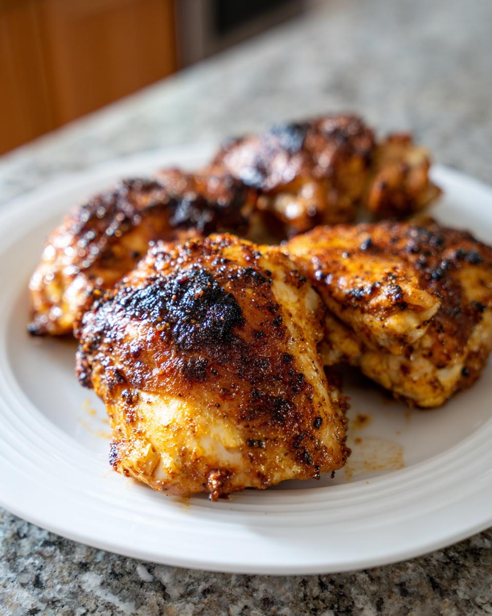 Close-up of perfectly cooked, seasoned chicken thighs on a white plate, showcasing their crispy skin and juicy interior.