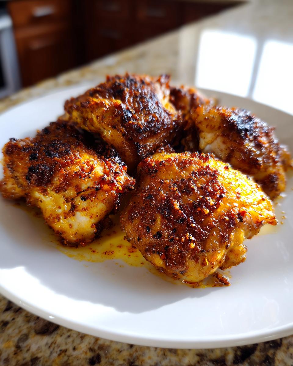 A plate of perfectly seasoned and roasted chicken thighs, showcasing a flavorful crust.