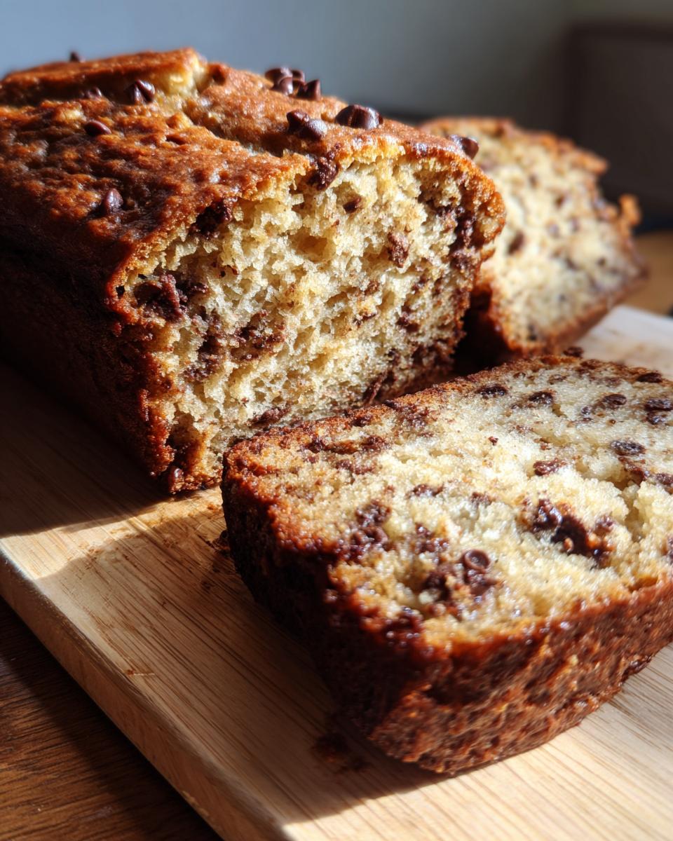 Close-up of a slice of Irresistible Chocolate Chip Banana Bread, showcasing moist crumb and melted chocolate chips.