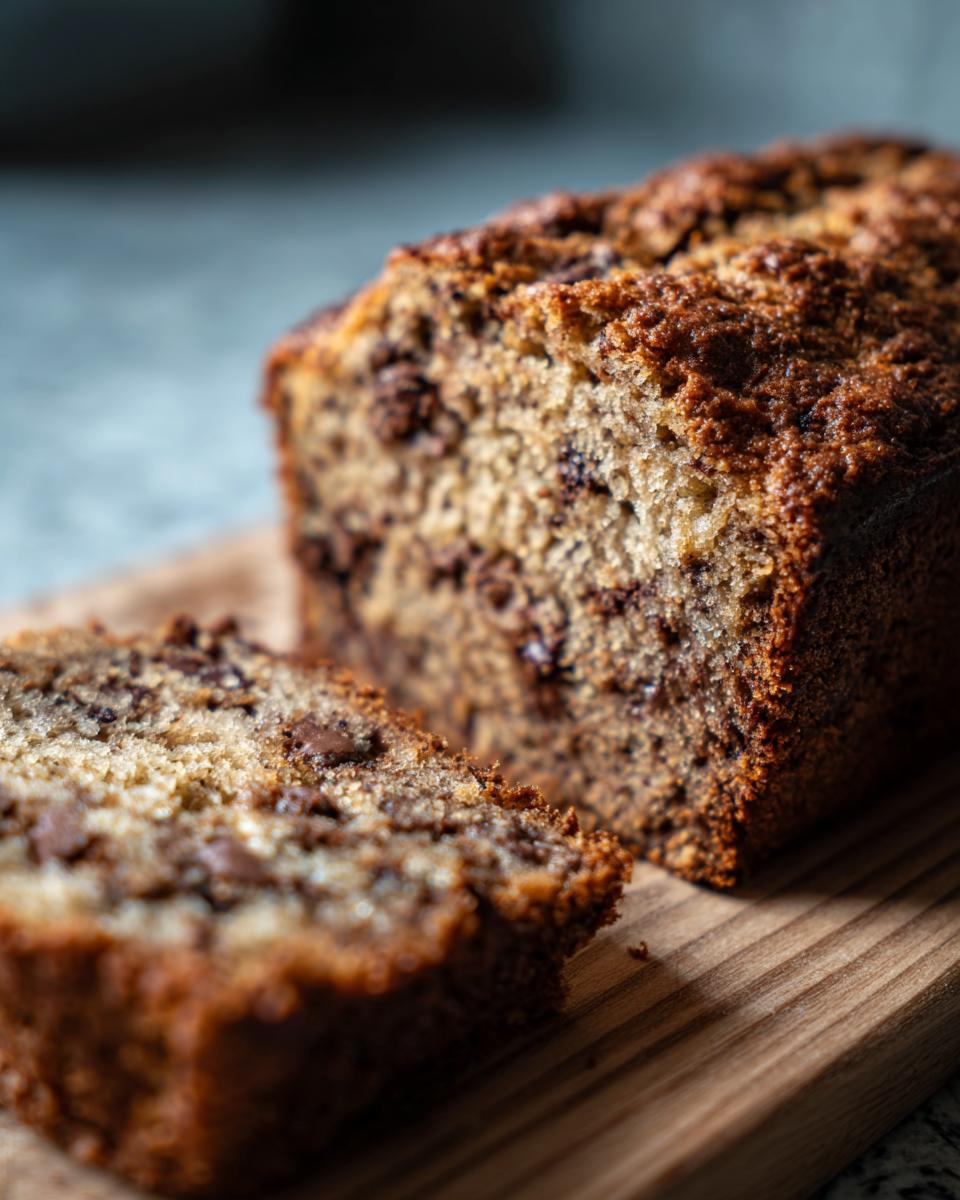 A close-up of a slice of Irresistible Chocolate Chip Banana Bread Recipe Delight, showing moist texture and chocolate chips.