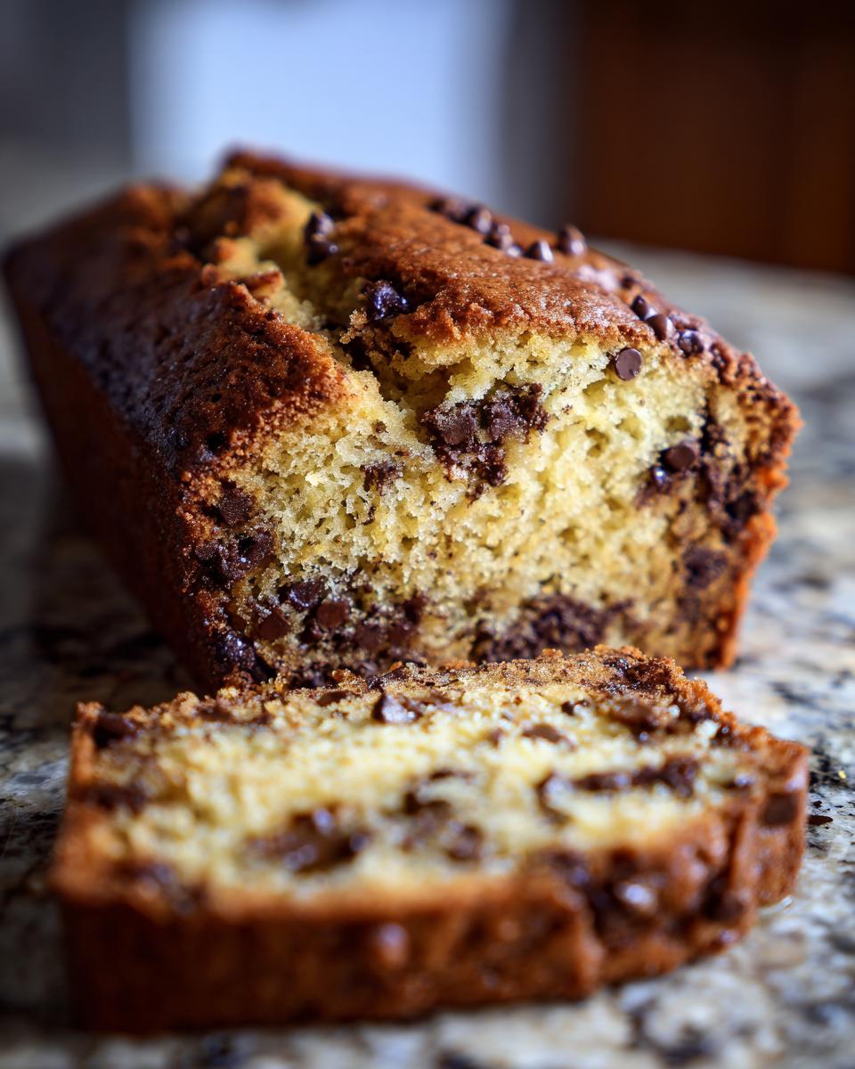 A close-up of a slice of Irresistible Chocolate Chip Banana Bread, showcasing moist texture and melted chocolate chips.