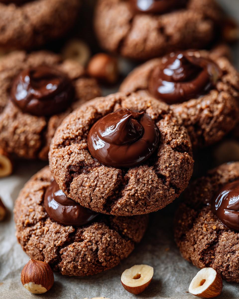 Close-up of Irresistible Chocolate Hazelnut Thumbprint Cookies filled with rich chocolate ganache and surrounded by hazelnuts.