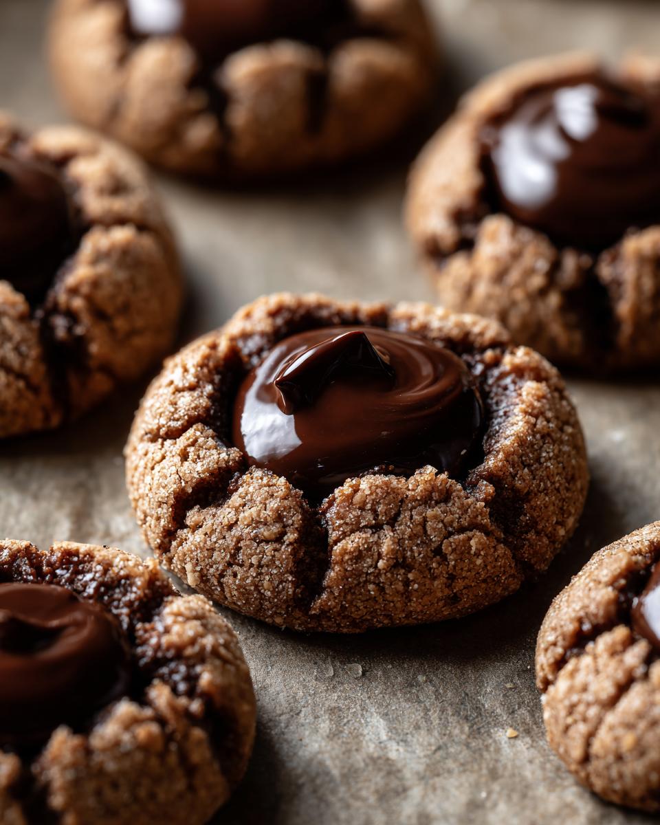 Close-up of Irresistible Chocolate Hazelnut Thumbprint Cookies filled with glossy chocolate ganache.