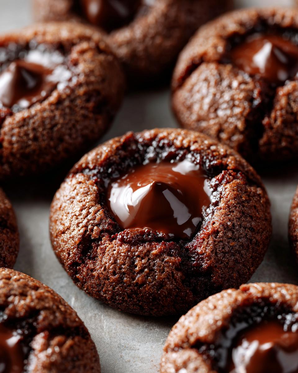 Close-up of Irresistible Chocolate Hazelnut Thumbprint Cookies filled with glossy chocolate.