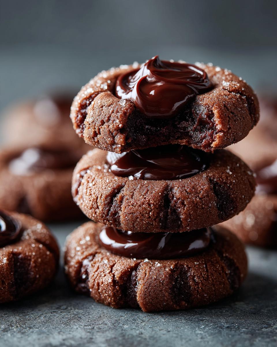 A stack of three Irresistible Chocolate Hazelnut Thumbprint Cookies, topped with glossy chocolate filling and sprinkled with sugar.