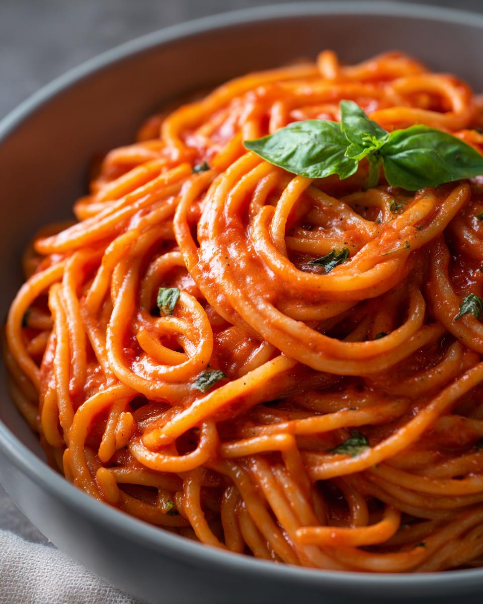 Close-up of Irresistible Creamy Tomato Pasta in a bowl, garnished with fresh basil leaves.