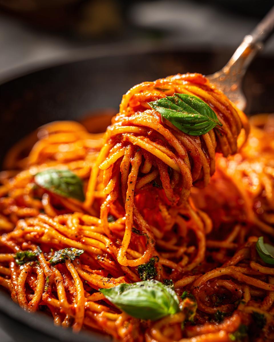 A fork twirls a generous portion of Irresistible Creamy Tomato Pasta, garnished with fresh basil leaves.