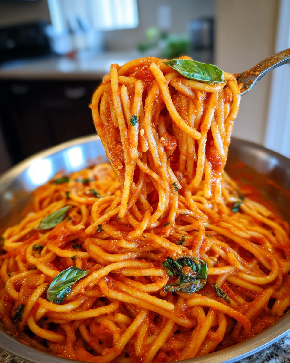 A fork lifting a generous portion of Irresistible Creamy Tomato Pasta, garnished with fresh basil leaves.