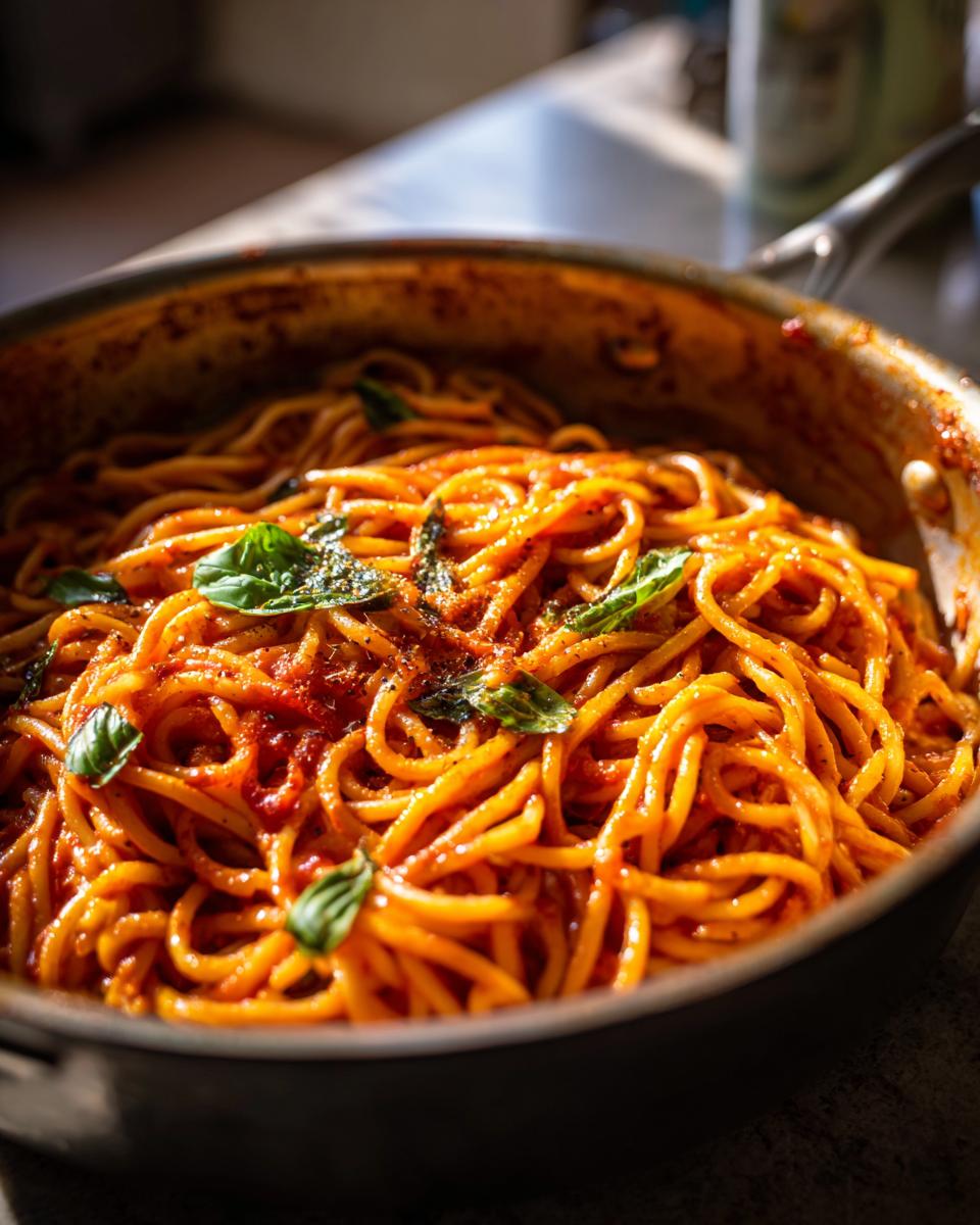 Close-up of Irresistible Creamy Tomato Pasta in a pan, garnished with fresh basil leaves.
