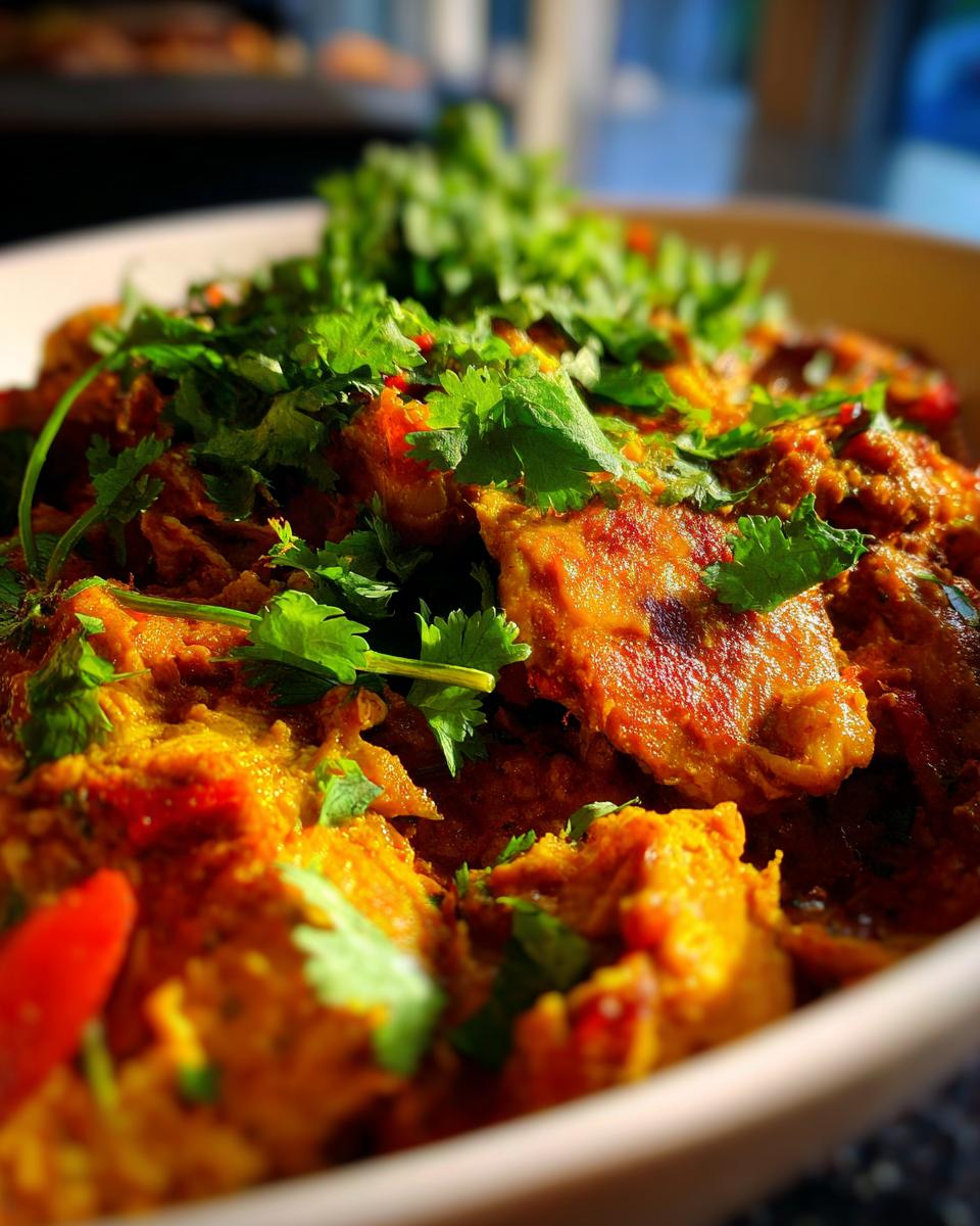 A close-up of an Irresistible Curry Chicken dish, generously garnished with fresh cilantro.