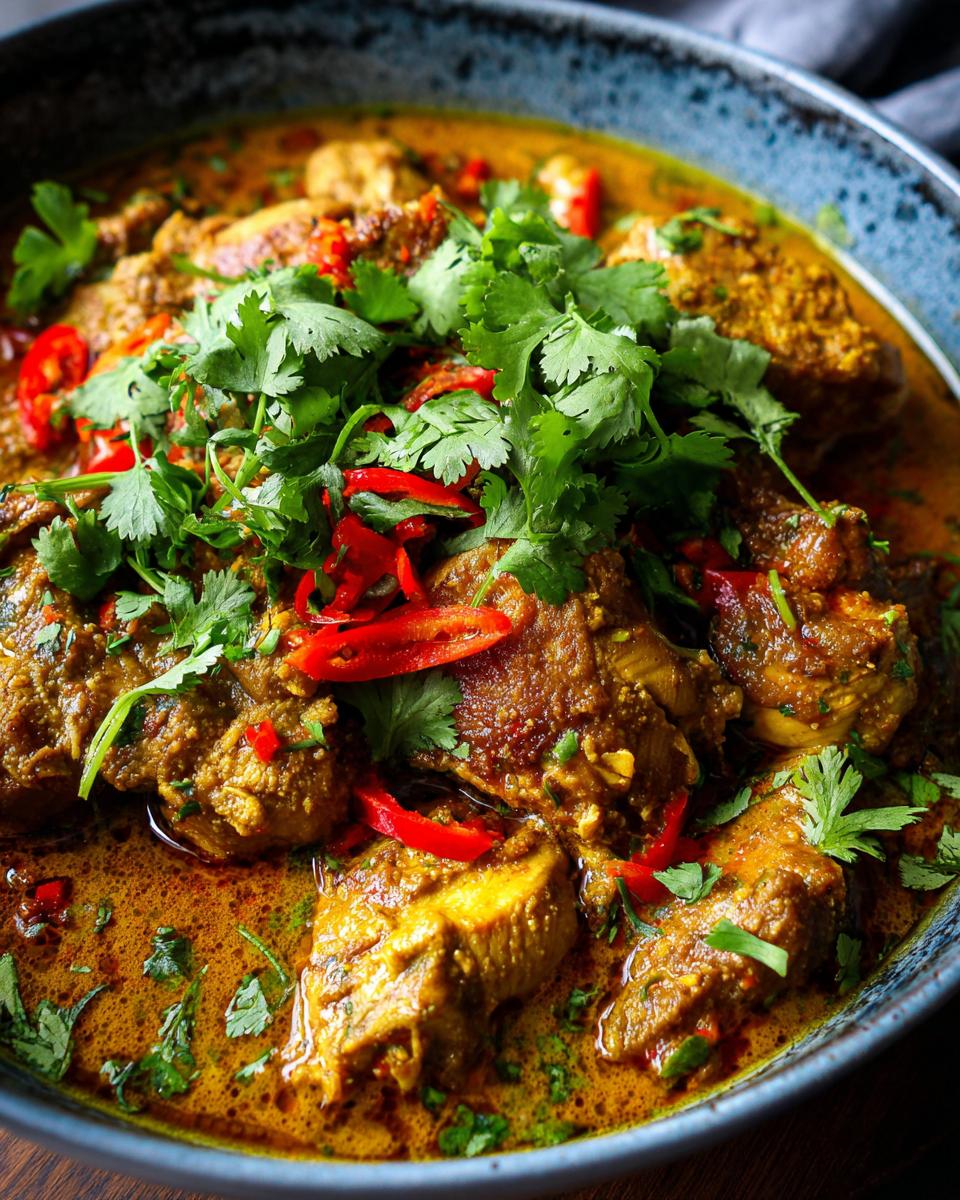 A close-up of a bowl of Irresistible Curry Chicken, garnished with fresh cilantro and sliced red chilies.