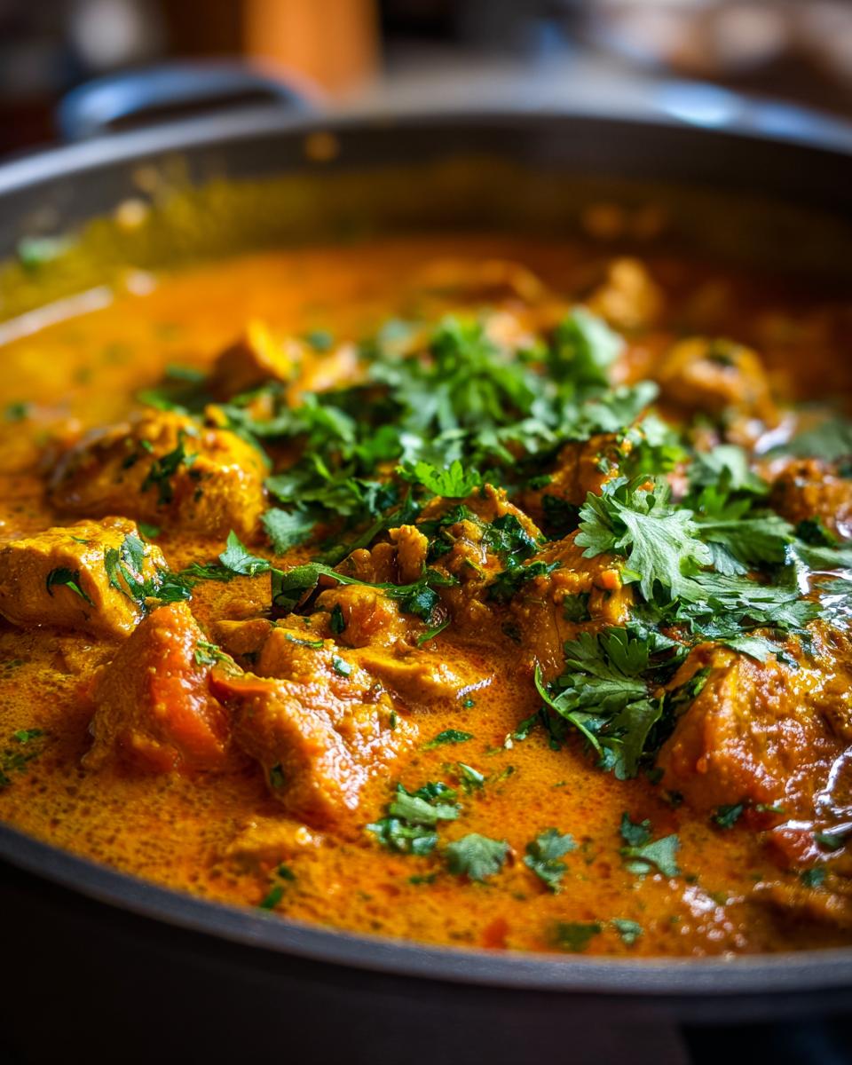 A close-up of Irresistible Curry Chicken in a pot, garnished with fresh cilantro.