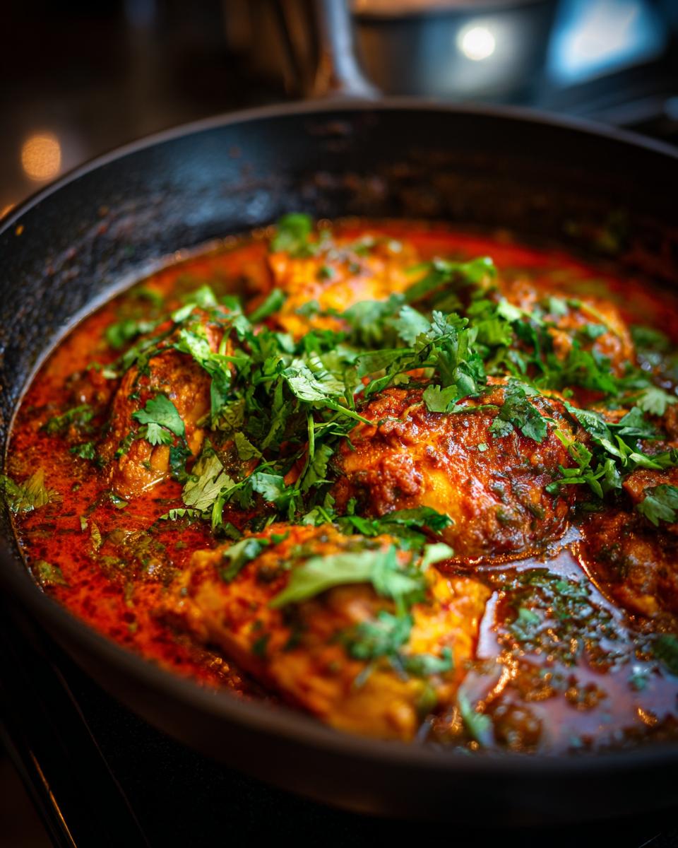 Close-up of Irresistible Curry Chicken simmering in a rich, red sauce, garnished with fresh cilantro.