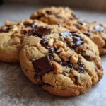 Close-up of Irresistible Dark Chocolate Chip Hazelnut Cookies, showcasing chunks of dark chocolate and toasted hazelnuts.