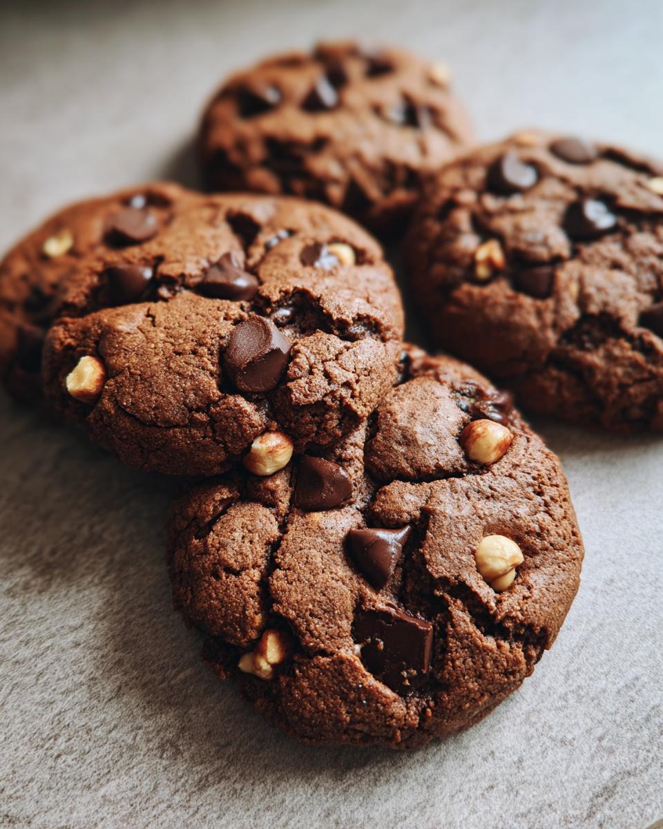 Close-up of Irresistible Dark Chocolate Chip Hazelnut Cookies, showing rich chocolate chunks and whole hazelnuts.