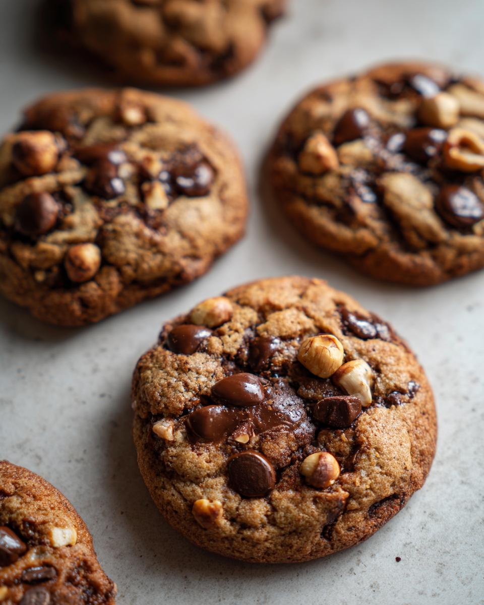 Close-up of irresistible dark chocolate chip hazelnut cookies, showing melted chocolate chips and toasted hazelnuts.