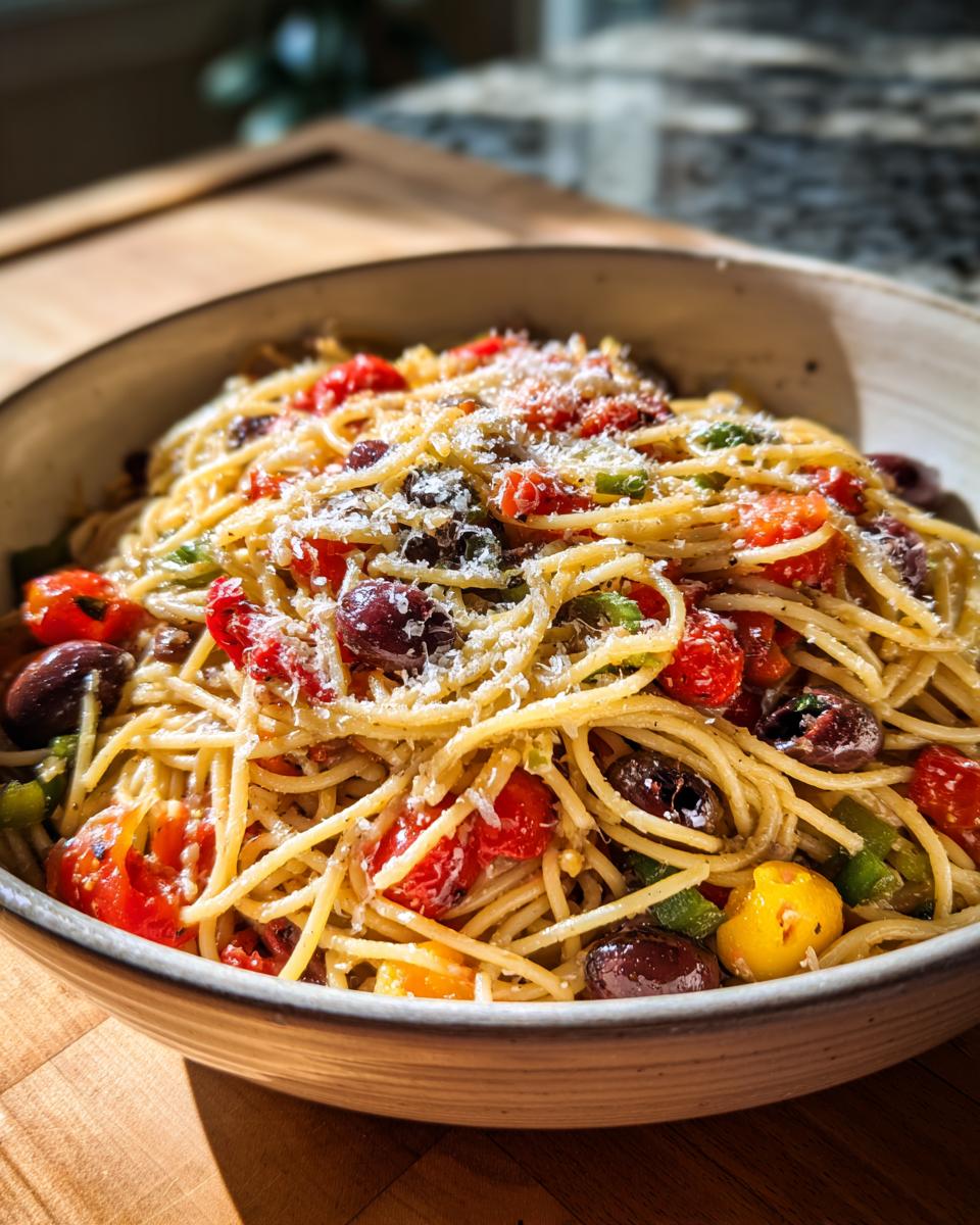 A close-up of Irresistible Delicious Italian Spaghetti Salad in a bowl, featuring spaghetti, cherry tomatoes, olives, and parmesan cheese.