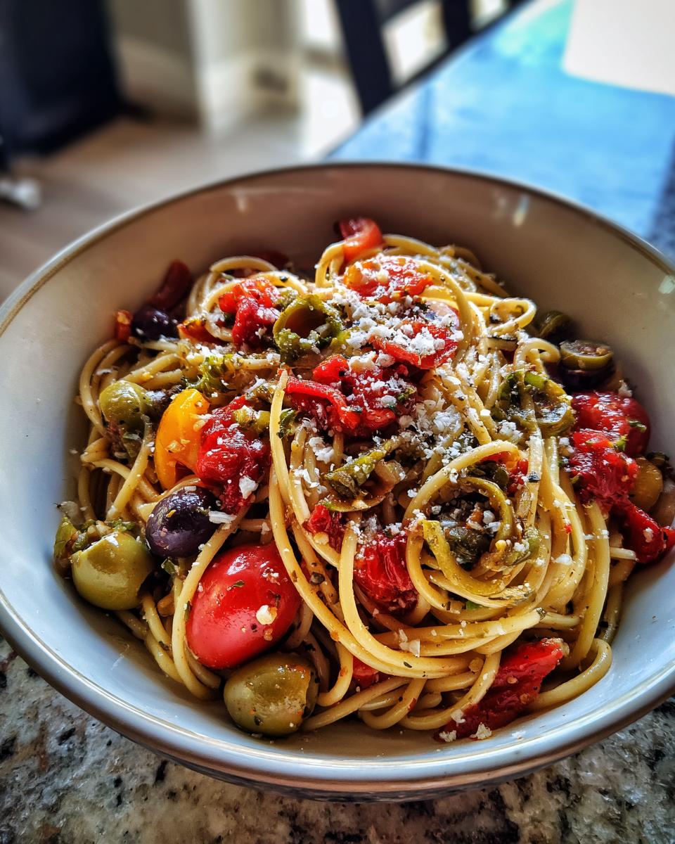 A close-up bowl of Irresistible Delicious Italian Spaghetti Salad with olives, tomatoes, and grated cheese.