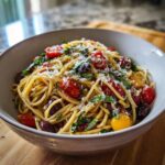 A close-up bowl of Irresistible Delicious Italian Spaghetti Salad with cherry tomatoes, olives, and grated cheese.