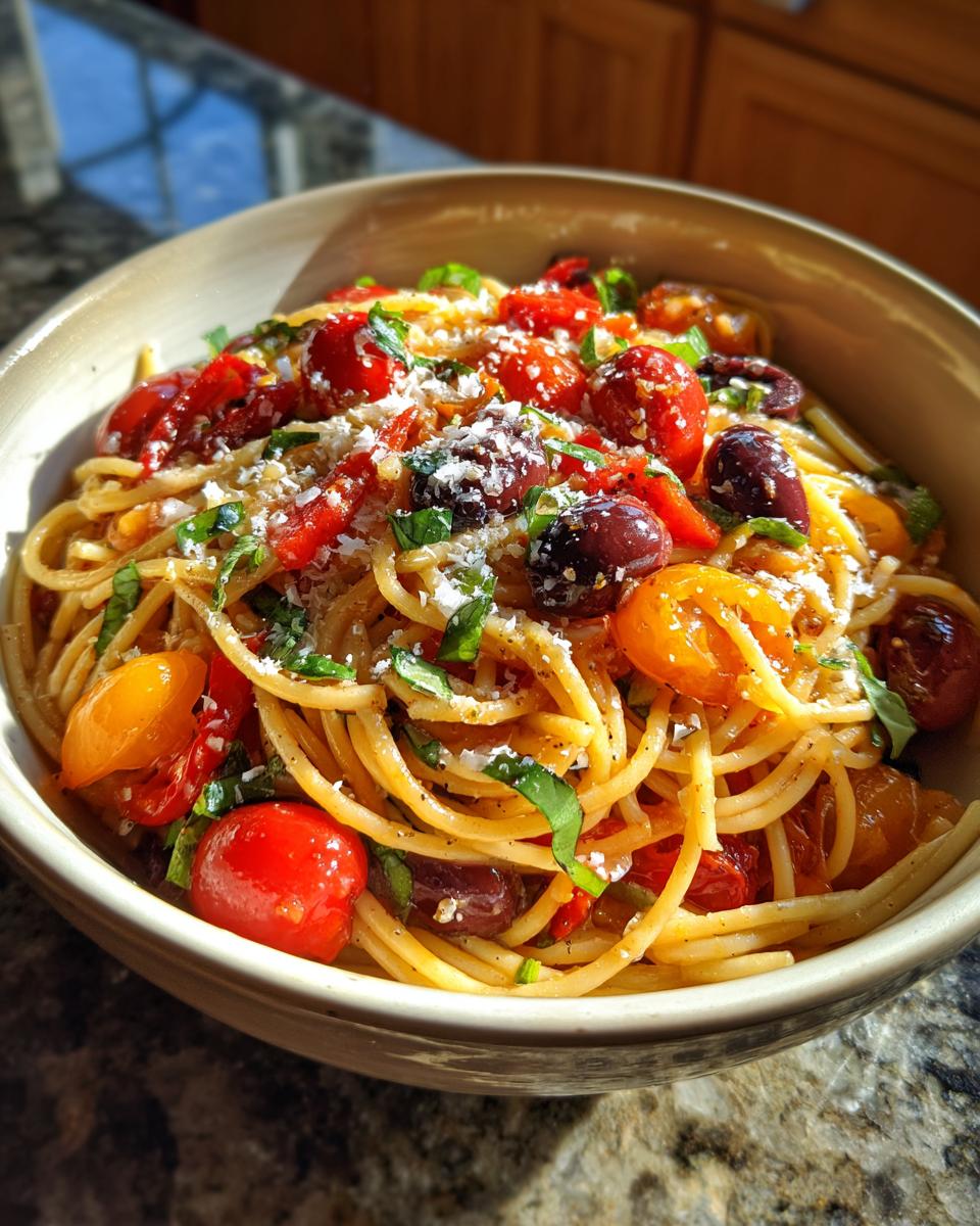 A close-up of Irresistible Delicious Italian Spaghetti Salad in a bowl, featuring spaghetti, cherry tomatoes, olives, and basil.